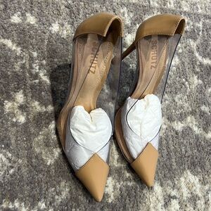 SCHUTZ Tan Pointed Toe Clear Panel Leather Heels